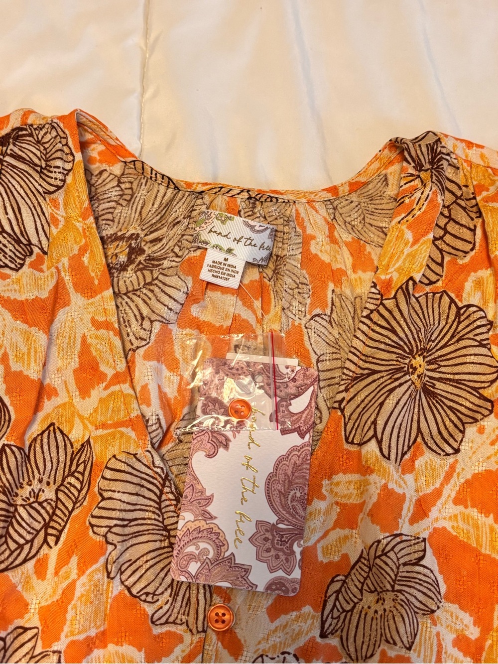 Orange Floral Midi Dress with Puff Sleeves - Picture 2 of 5